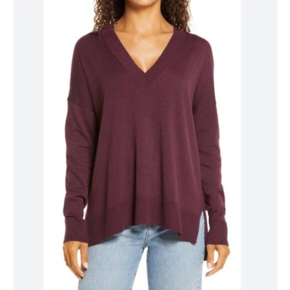 Chelsea28 Oversize V Neck High Low Sweater In Burgundy Stem Size Small - Picture 1 of 10